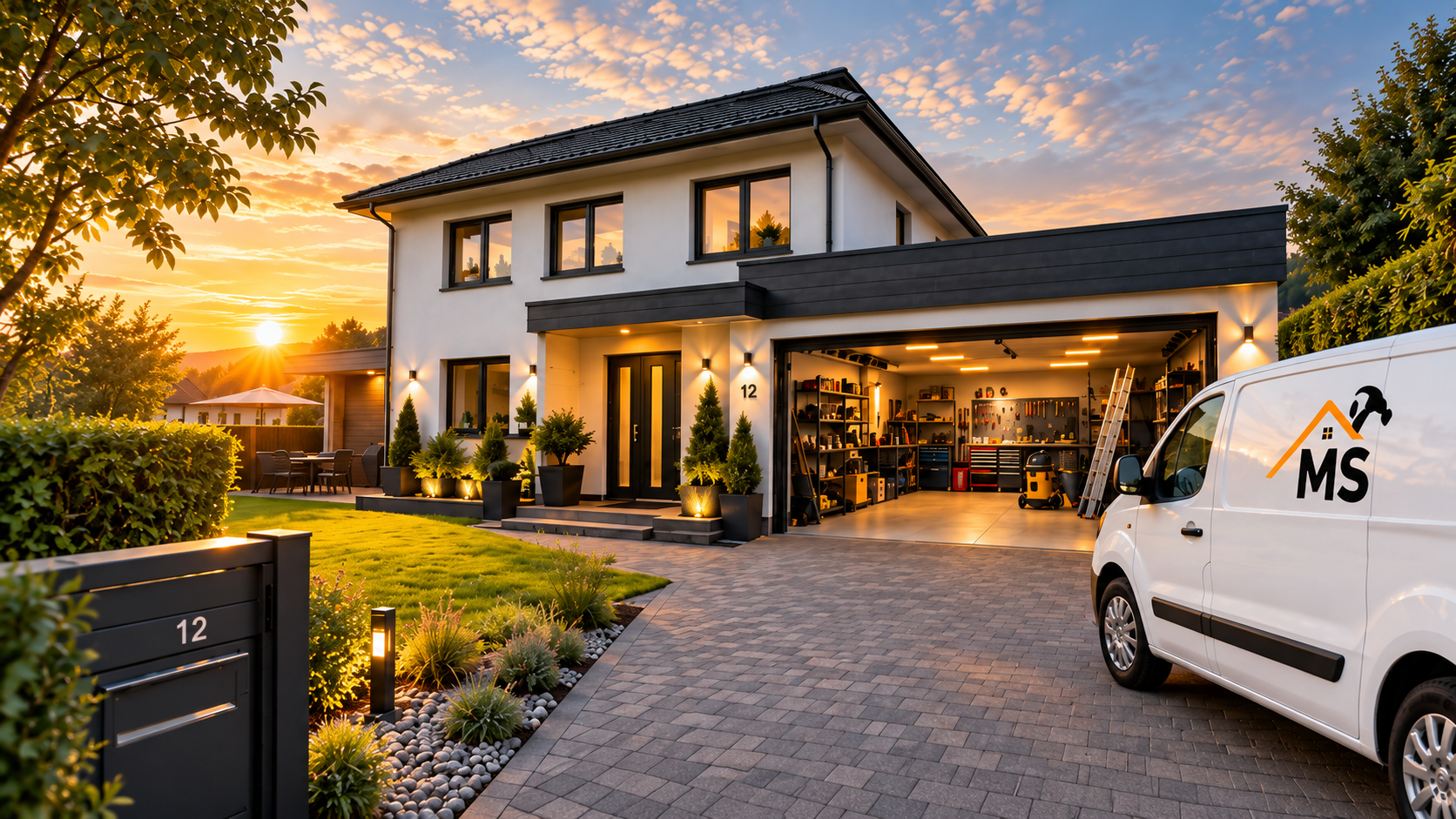 Illustratives Motiv: Wohnhaus mit Werkstatt und MS Handwerk & Service Fahrzeug